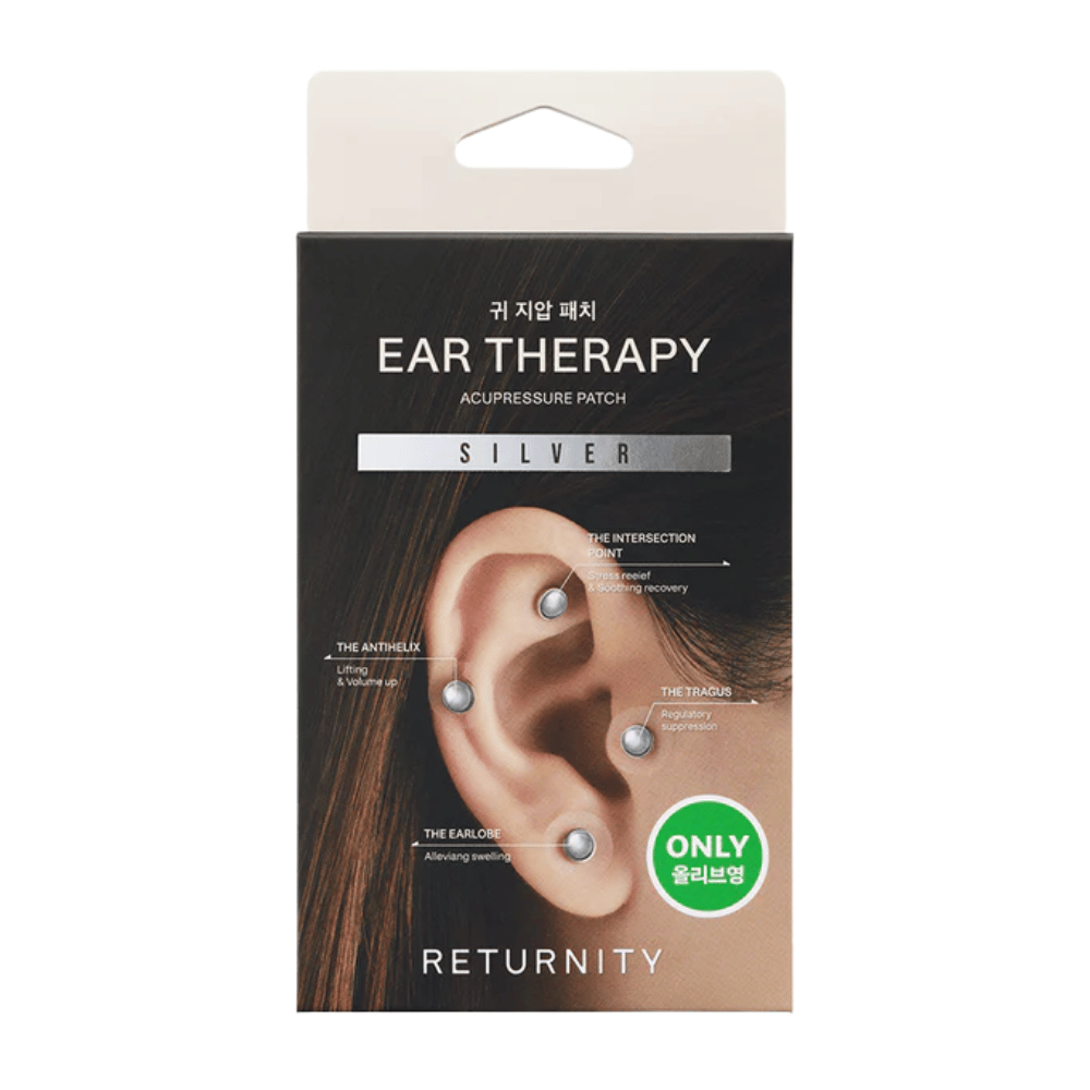 Verpackung von RETURNITY Ear Therapy Acupressure Patch Silver mit silberfarbenen Ohr-Patches und markierten Akupressurpunkten am Ohr.
