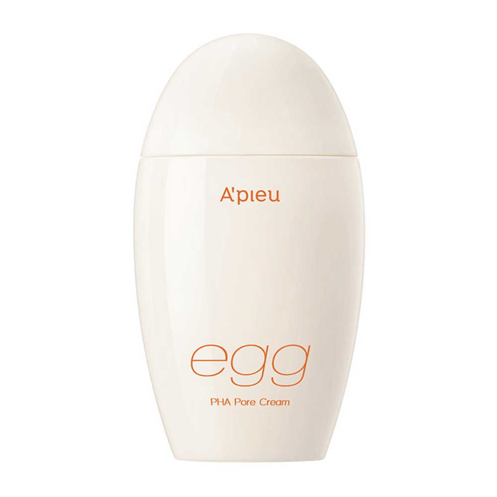 A’pieu Egg PHA Pore Cream in eiförmiger, beiger Verpackung mit orangefarbener Schrift – eine koreanische Gesichtscreme zur Porenverkleinerung und sanften Exfoliation.