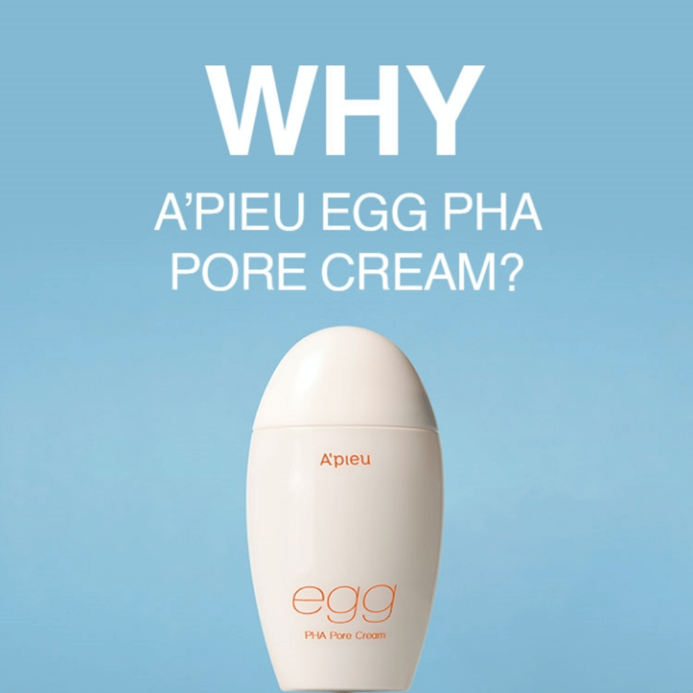A’pieu Egg PHA Pore Cream in eiförmiger Verpackung auf blauem Hintergrund mit dem Text "WHY A’PIEU EGG PHA PORE CREAM?", was die Vorteile des Produkts hervorhebt.