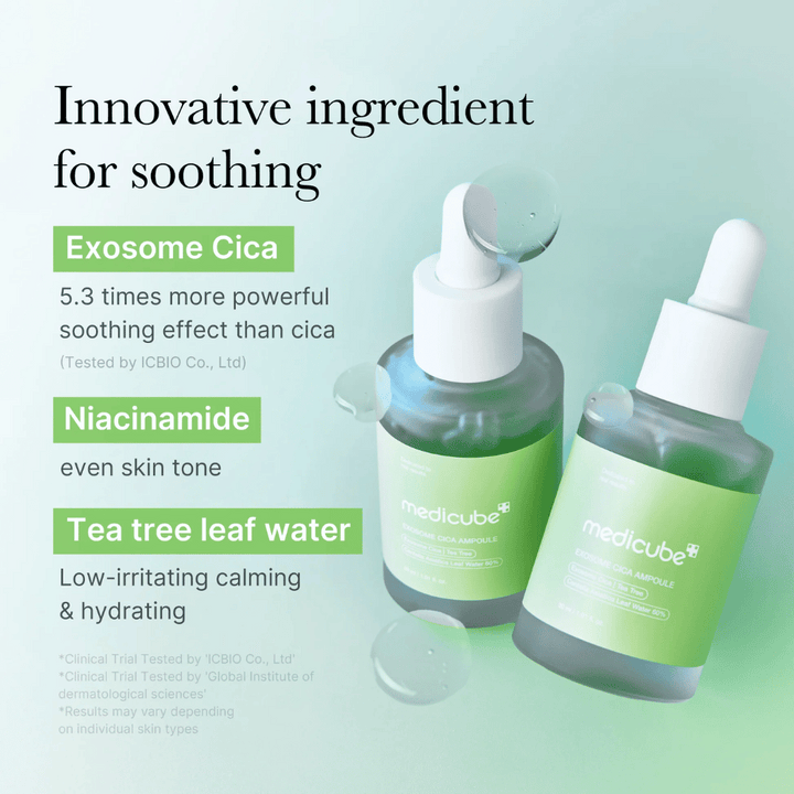 Zwei Flaschen Medicube Exosome Cica Ampoule, formuliert mit Exosome Cica, Niacinamid und tea tree Blattwasser für beruhigende Wirkung.