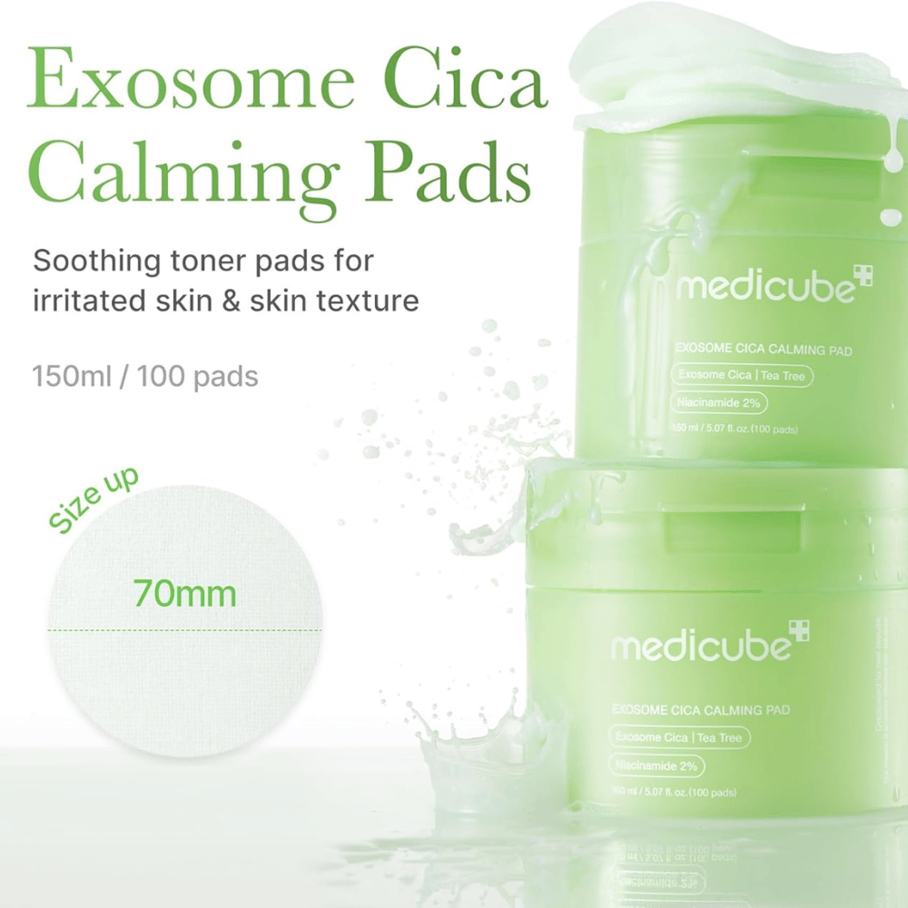 Medicube Exosome Cica Calming Pads in grünem Behälter, beruhigende Tonerpads mit Niacinamid und tea tree für gereizte Haut, 150 ml/100 Pads.