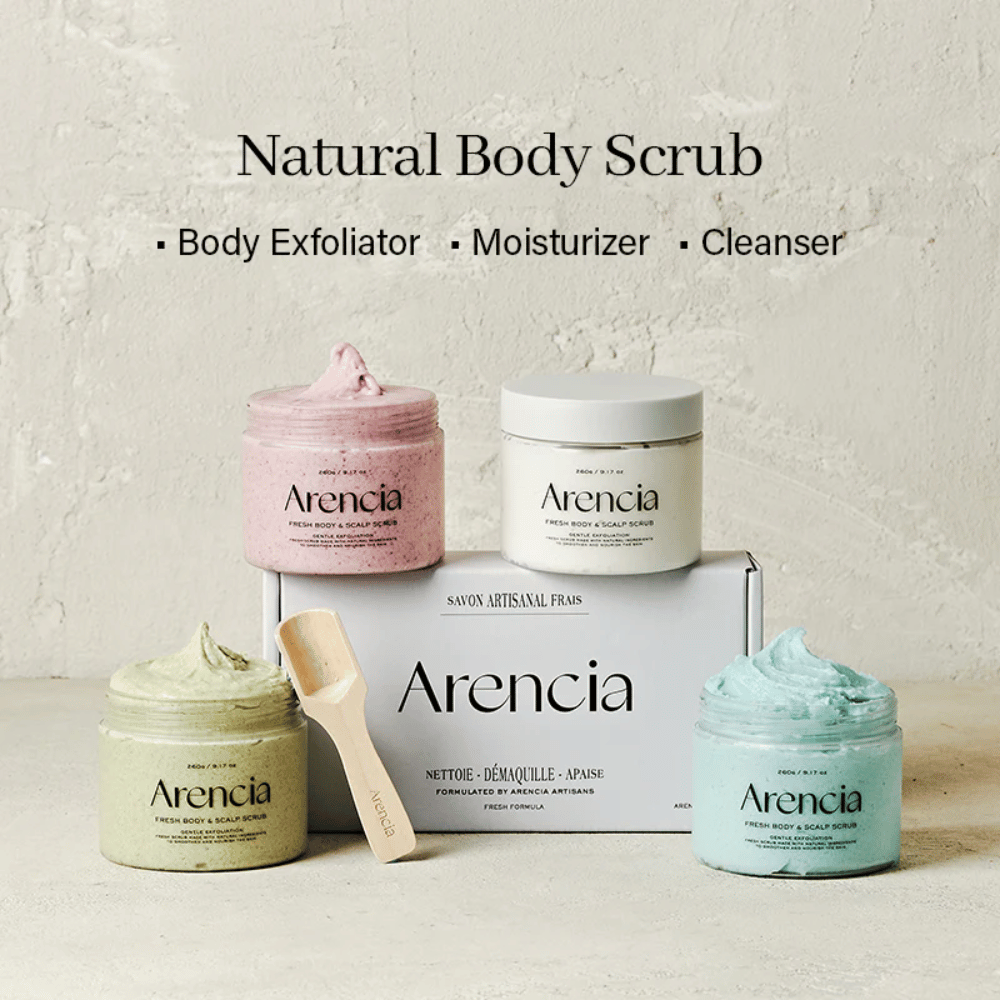 Vier Varianten von Arencia Fresh Body & Scalp Scrub zusammen präsentiert, natürliches Körper- und Kopfhautpeeling für Peeling und Feuchtigkeitsversorgung.