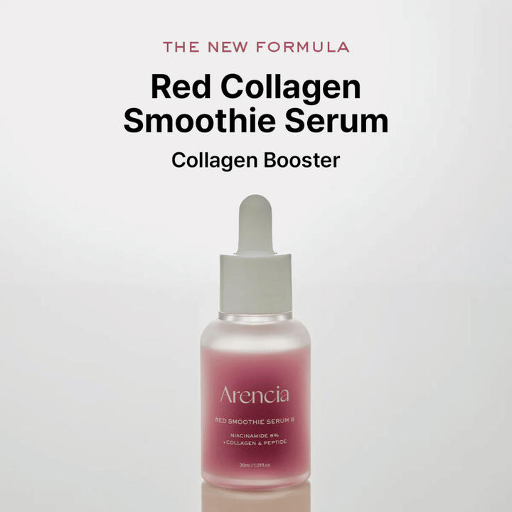 Arencia Red Smoothie Serum 8 presenteras som "Red Collagen Smoothie Serum", en kraftfull kollagenbooster med 8 % niacinamid, collagen och peptider.