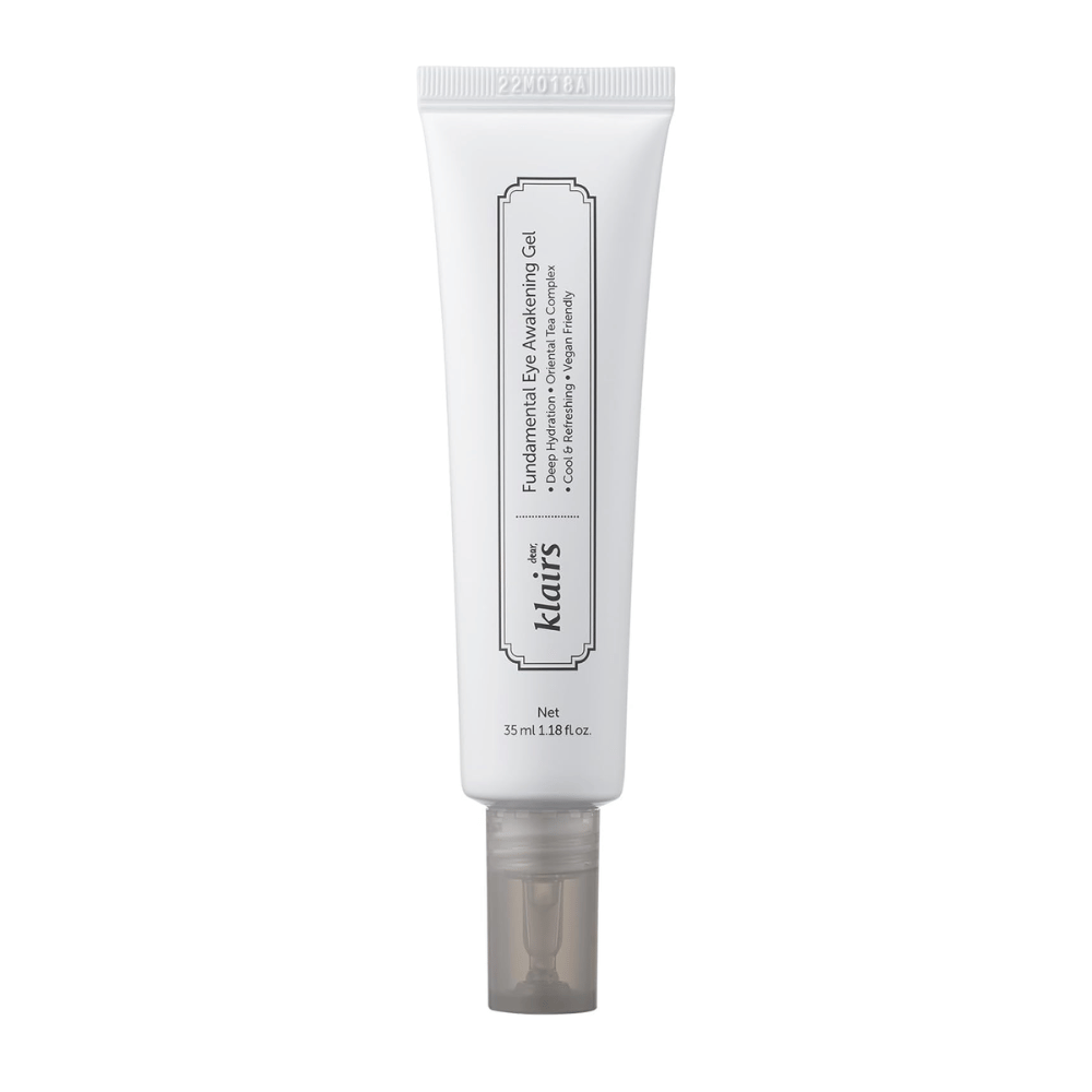 Freigestelltes Produktbild von Klairs Fundamental Eye Awakening Gel vor weißem Hintergrund. Die Tube wird von vorn gezeigt, um Produktnamen, Größe und das klare, minimalistische Design, das die Produkte von Klairs kennzeichnet, deutlich zu präsentieren.