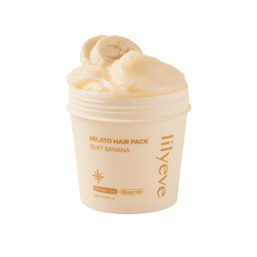 LILYEVE Gelato Hair Pack Silky Banana 200 ml – cremige Haarmaske für geschädigtes Haar mit Fokus auf Geschmeidigkeit und Glanz.