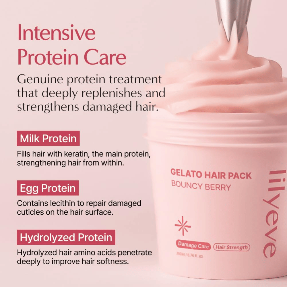 LILYEVE Gelato Hair Pack Bouncy Berry mit Milchprotein, Eiweißprotein und hydrolysiertem Protein für intensive Pflege von geschädigtem Haar.