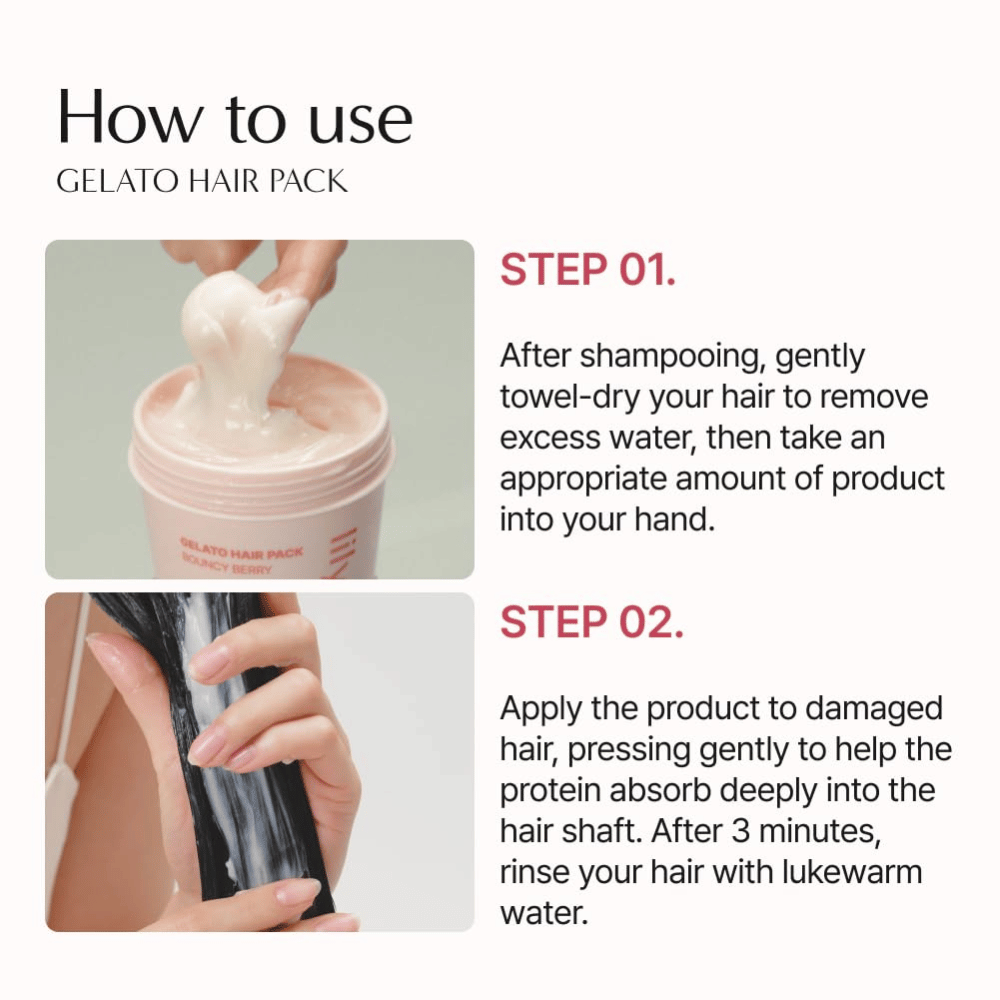 So verwendest du LILYEVE Gelato Hair Pack – trage die Haarmaske auf handtuchtrockenes Haar auf, lasse sie 3 Minuten einwirken und spüle sie aus.
