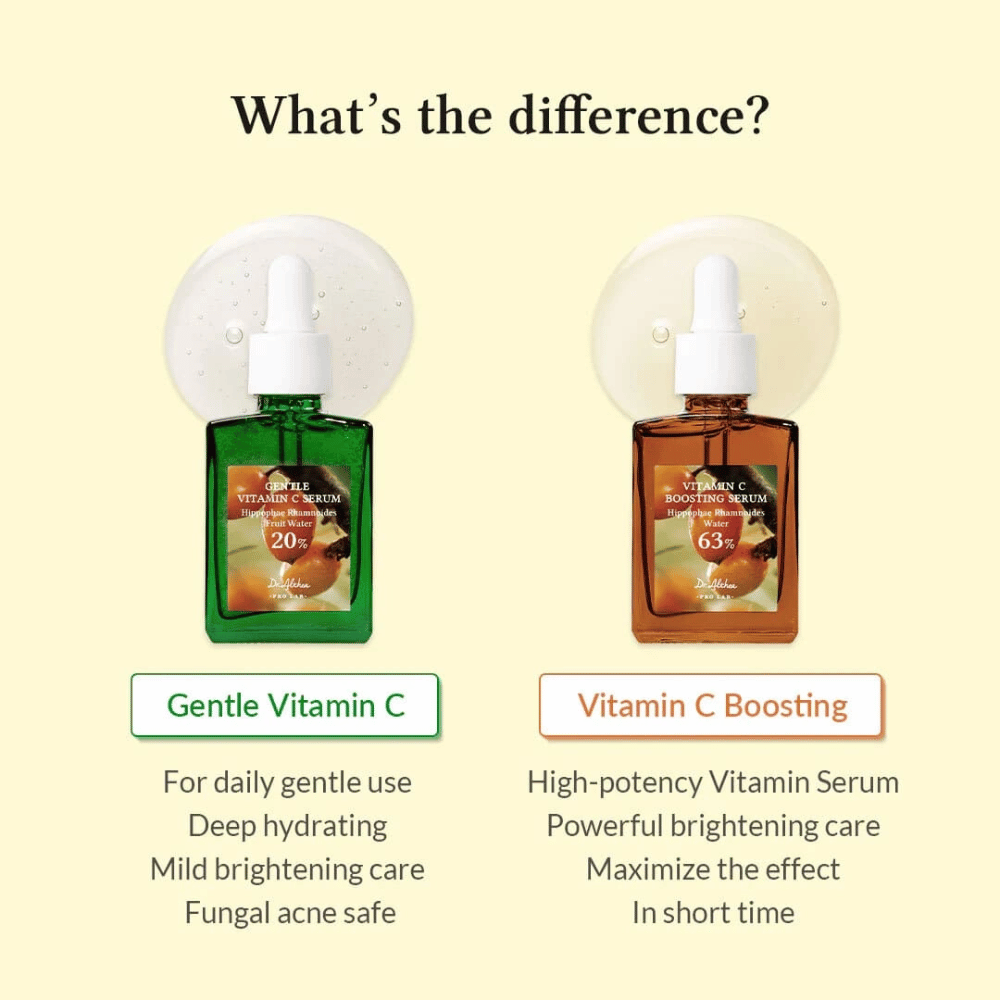 Gentle Vitamin C Serum ist perfekt für den täglichen Gebrauch, spendet tiefenwirksame Feuchtigkeit und sorgt für eine sanfte Aufhellung der Haut. Sicher für Haut mit Pilzakne. Vitamin C Boosting Serum hat eine hohe Konzentration für kraftvolle Aufhellung und schnelle Ergebnisse. Ideal für intensive Hautbedürfnisse.