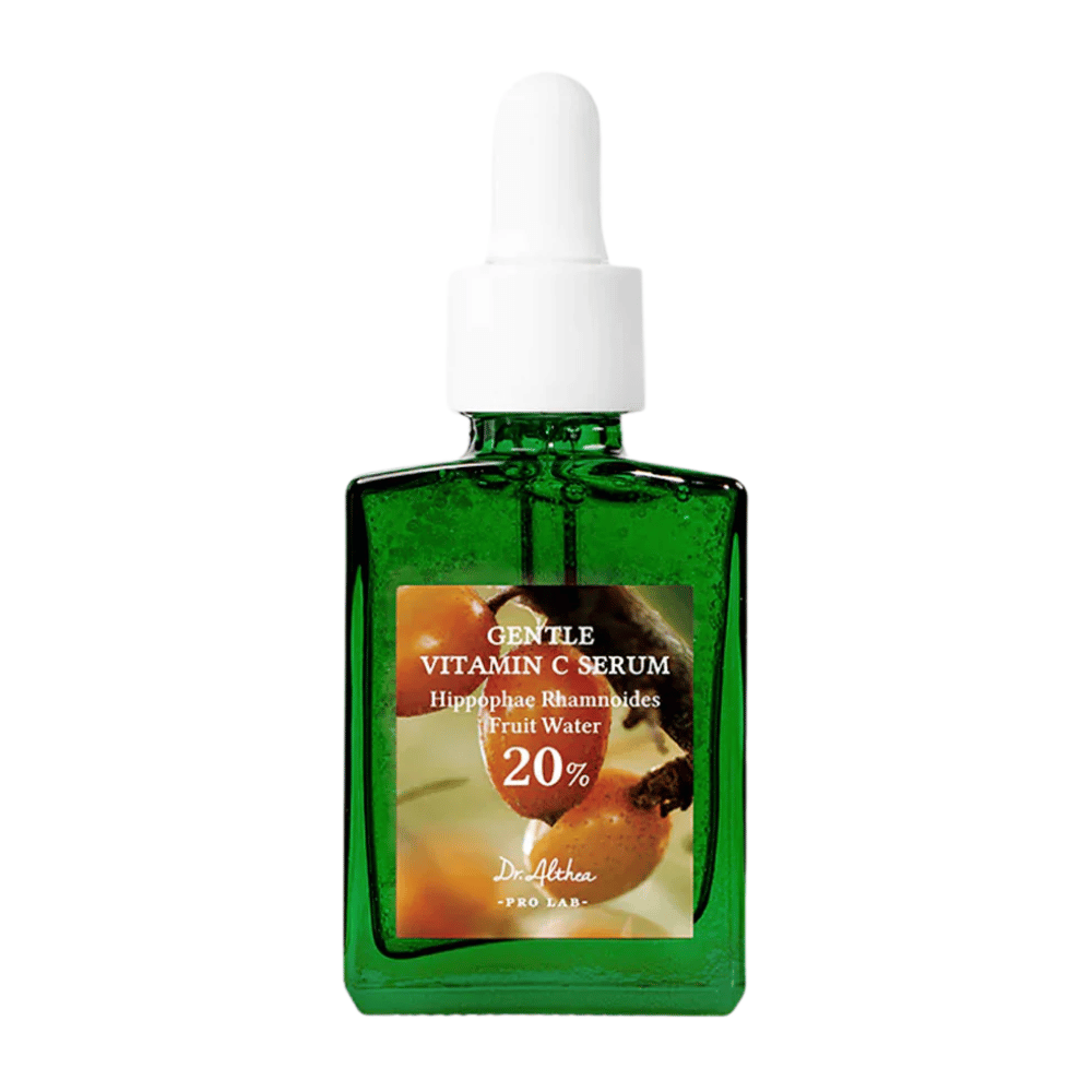 Dr.Althea Gentle Vitamin C Serum enthält 20% Vitamin C und Sanddornwasser, das die Haut befeuchtet und aufhellt. Es reduziert Pigmentierung und schützt vor freien Radikalen, was zu einem gleichmäßigeren und strahlenderen Hautton führt.