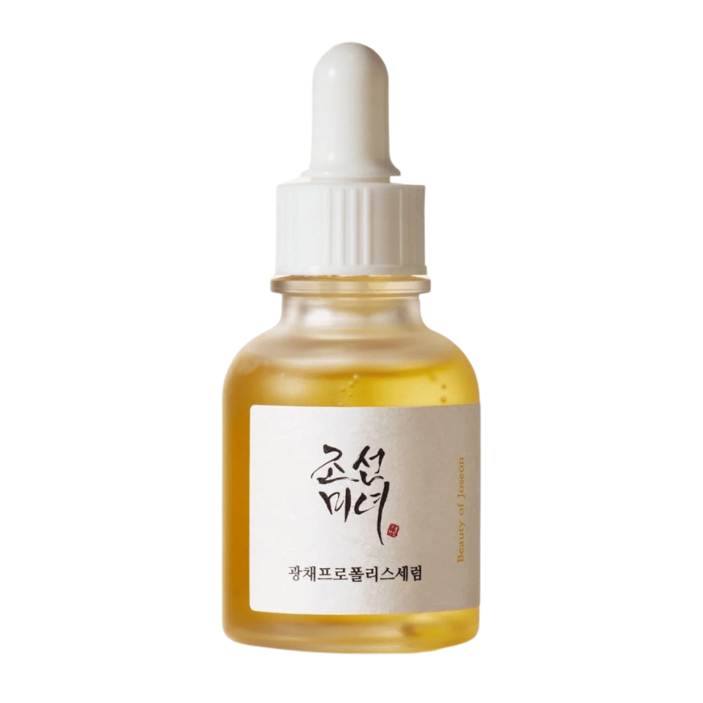 Flasche von Beauty of Joseon Glow Serum mit weißer Pipette und goldfarbenem Serum, ein strahlendes Produkt mit Propolis und Niacinamid.