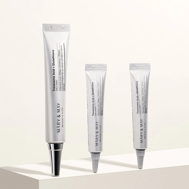 Augencreme von Mary&May mit Tranexamsäure und Glutathion in mehreren Größen, entwickelt, um Pigmentierung zu reduzieren und klarere Haut um die Augen zu erzielen.