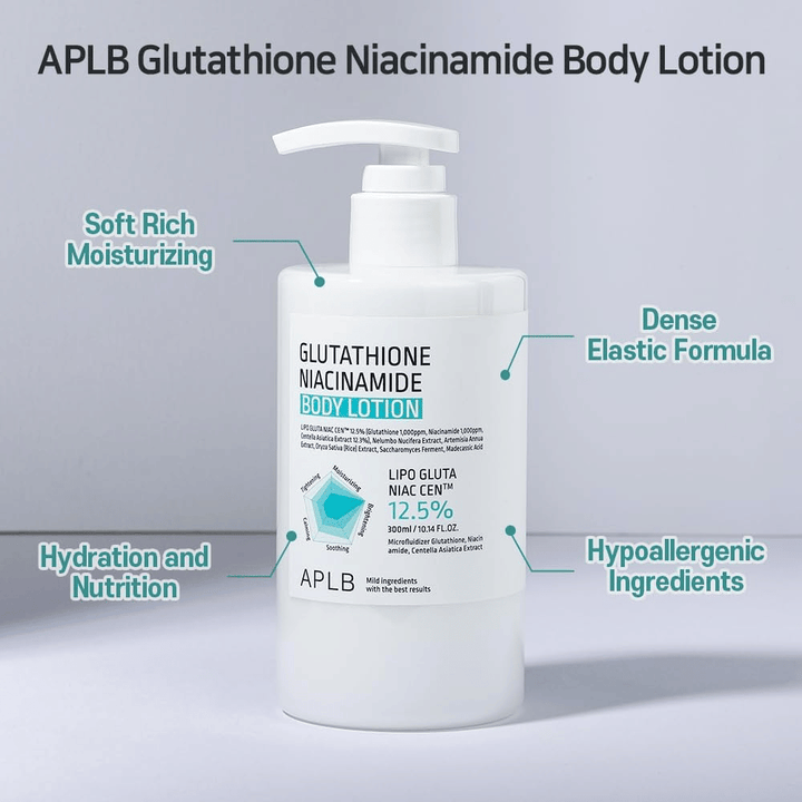 APLB Glutathione Niacinamide Body Lotion Pumpflasche mit feuchtigkeitsspendender, elastischer Formel und hypoallergenen Inhaltsstoffen für weiche und nährende Hautpflege