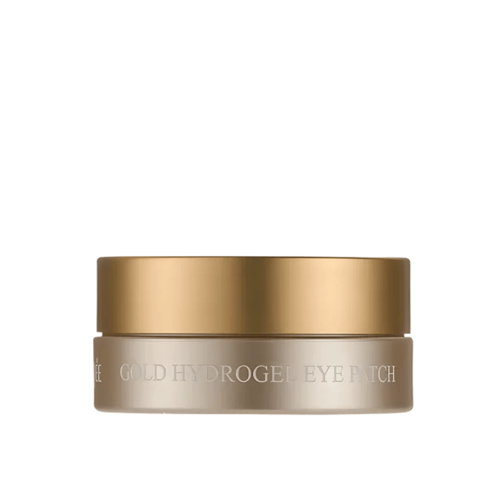 Freigestelltes Produktbild von PETITFEE Gold Hydrogel Eye Patch in einem eleganten goldfarbenen Tiegel vor hellem Hintergrund. Das Design vermittelt einen exklusiven und luxuriösen Eindruck.