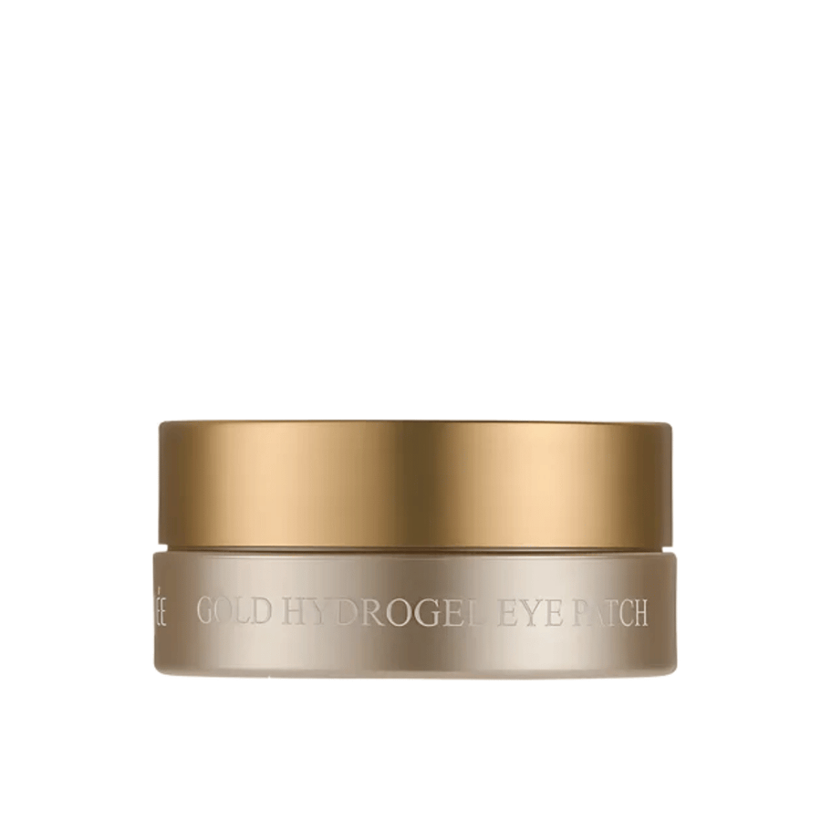 Freigestelltes Produktbild von PETITFEE Gold Hydrogel Eye Patch in einem eleganten goldfarbenen Tiegel vor hellem Hintergrund. Das Design vermittelt einen exklusiven und luxuriösen Eindruck.