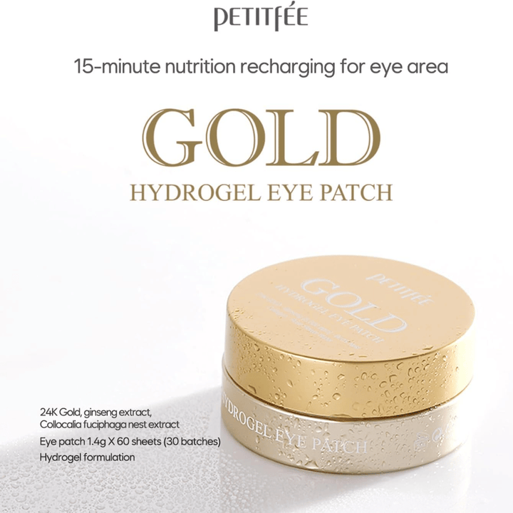 Stilvolles Produktbild von PETITFEE Gold Hydrogel Eye Patch mit goldfarbener Verpackung vor hellem Hintergrund. Der Text hebt Inhaltsstoffe wie 24K Gold, Ginseng und eine Hydrogel-Formel für Feuchtigkeit und Glow hervor.