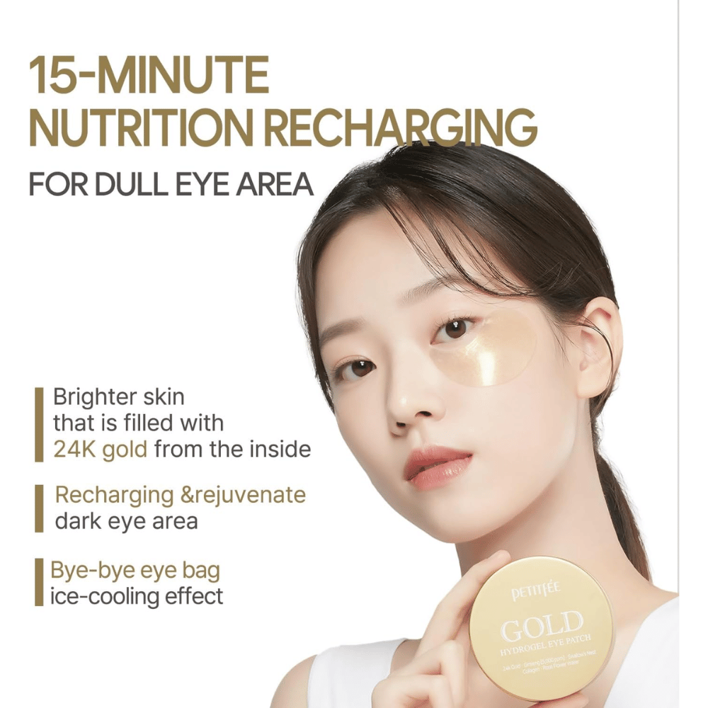 Kampagnenbild mit einem Modell, das PETITFEE Gold Hydrogel Eye Patch unter dem Auge verwendet. Der Fokus liegt darauf, Strahlkraft zu verleihen, müde Haut zu revitalisieren und die Sichtbarkeit von dunklen Augenringen und Schwellungen zu reduzieren.