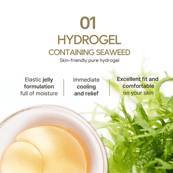 Produktbild, das die Hydrogel-Formel mit Seegras und deren feuchtigkeitsspendende, kühlende und hautfreundliche Eigenschaften hervorhebt. Das Bild zeigt auch die gelbasierten Eye-Patches in der Verpackung.
