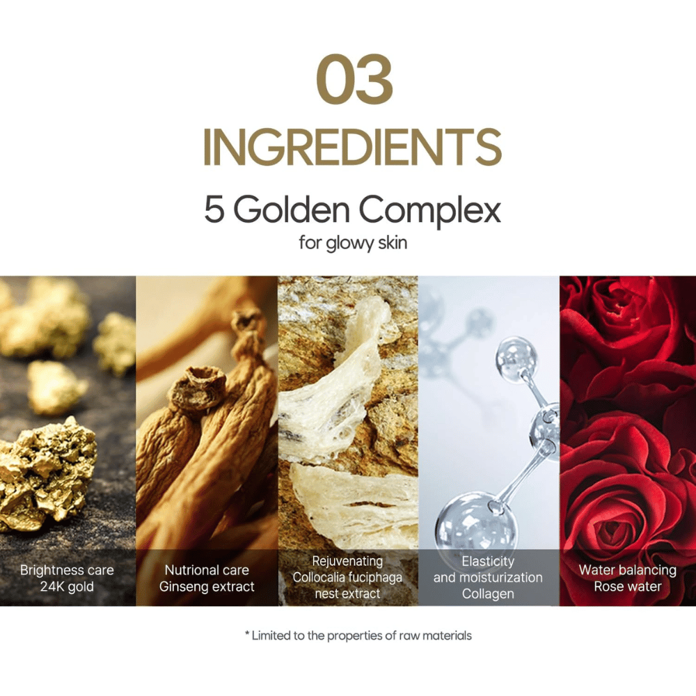 Informationsbild über den „5 Golden Complex“ mit Inhaltsstoffen wie 24K Gold, Ginsengextrakt, Vogelnestextrakt, Kollagen und Rosenwasser. Der Fokus liegt auf Strahlkraft, Elastizität und Feuchtigkeit.