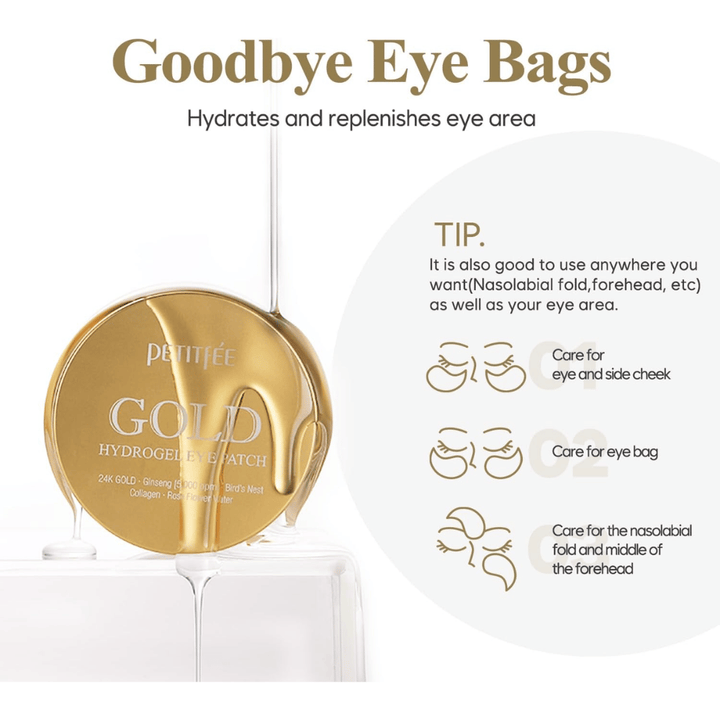 Produktbild von PETITFEE Gold Hydrogel Eye Patch mit Fokus auf die Befeuchtung und Pflege der Partie unter den Augen. Das Bild zeigt auch verschiedene Anwendungsbereiche wie Tränensäcke, Wangenbereich und Nasolabialfalten.