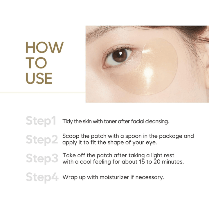 Anleitungsbild, das zeigt, wie Hydrogel-Eye-Patches nach der Reinigung und gesichtswasser unter den Augen aufgetragen werden. Die Schritt-für-Schritt-Anleitung beschreibt die Anwendung und die empfohlene Einwirkzeit für mit Feuchtigkeit versorgte und frische Haut.