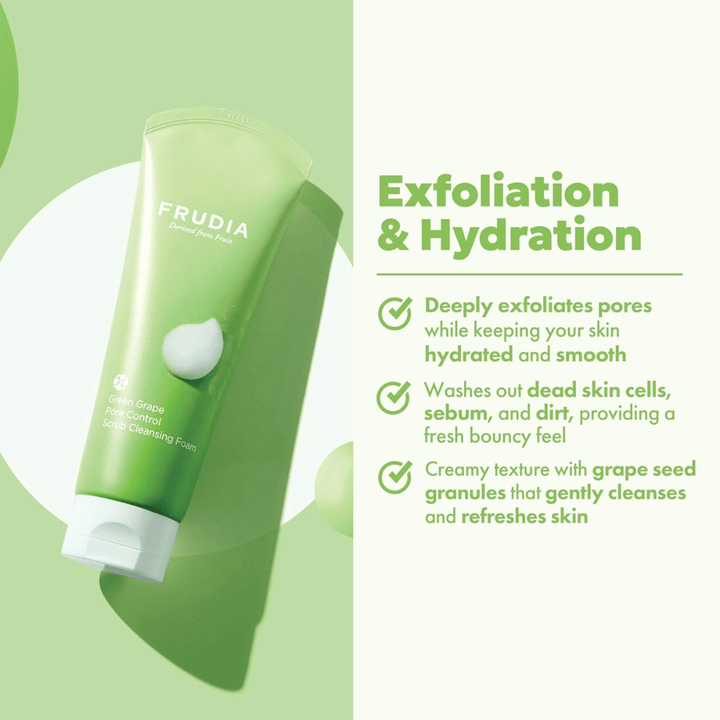 FRUDIA Green Grape Pore Control Scrub Cleansing Foam – exfolierende Gesichtsreinigung mit Traubenkernpartikeln, die Schmutz, Talg und abgestorbene Hautzellen entfernen, ohne die Haut auszutrocknen.