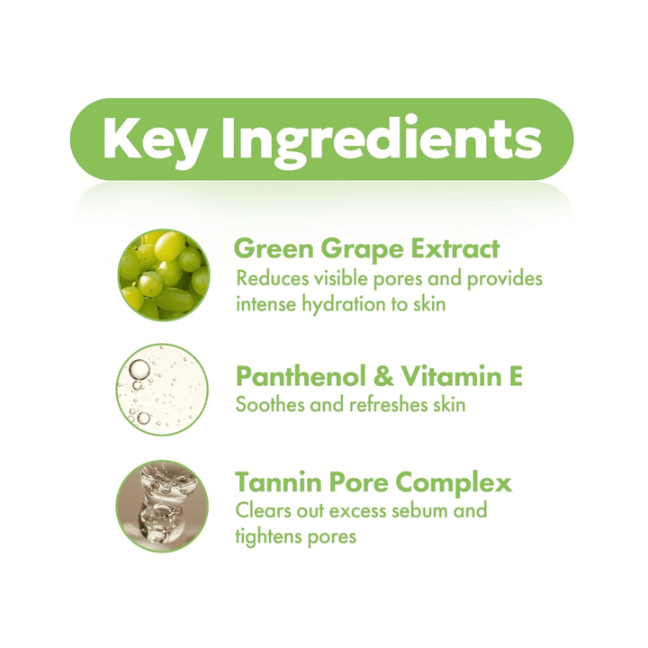 FRUDIA Green Grape Pore Control Scrub Cleansing Foam – Schlüsselzutaten wie grüner Traubenextrakt, Panthenol, Vitamin E und Tannin-Porenkomplex für gereinigte und verfeinerte Poren.