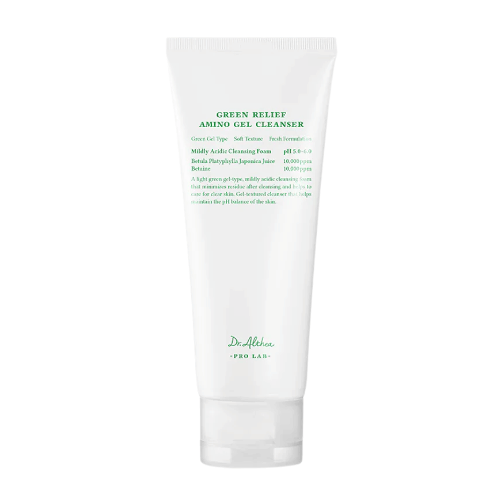 Das Produkt zeigt Dr. Althea Green Relief Amino Gel Cleanser – ein mildes, veganes Reinigungsgel mit leicht grüner Formel und pH 5,0–6,0 für empfindliche Haut.