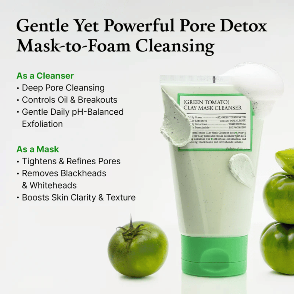 Vorteile, aufgeteilt in zwei Bereiche: als Reinigung und als Maske, mit Fokus auf Porenreinigung, Peeling und klarere Haut.