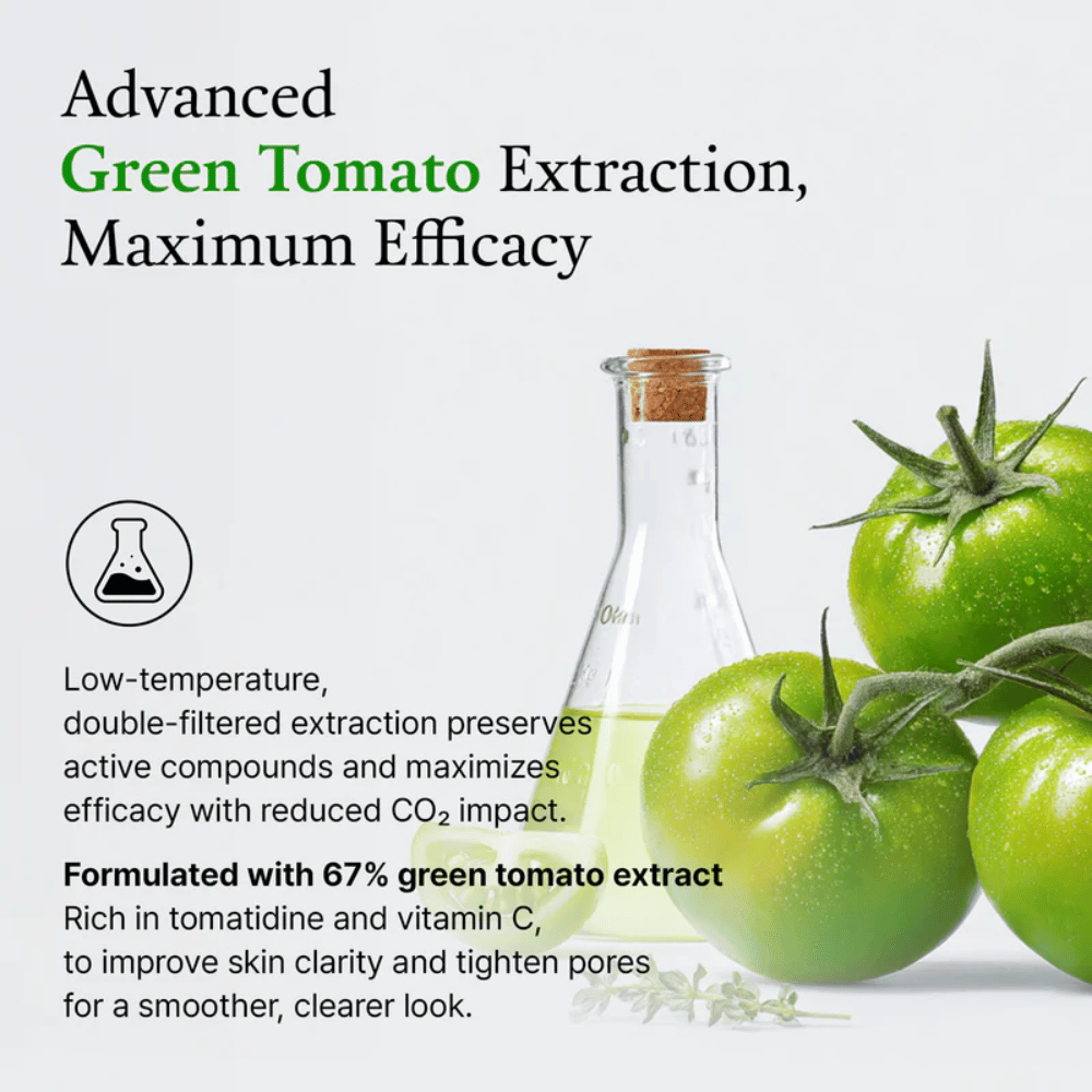 Bild mit grünen Tomaten und einer Laborflasche, das den Inhaltsstoff „green tomato extract“ und seine Wirkung auf die Haut hervorhebt.
