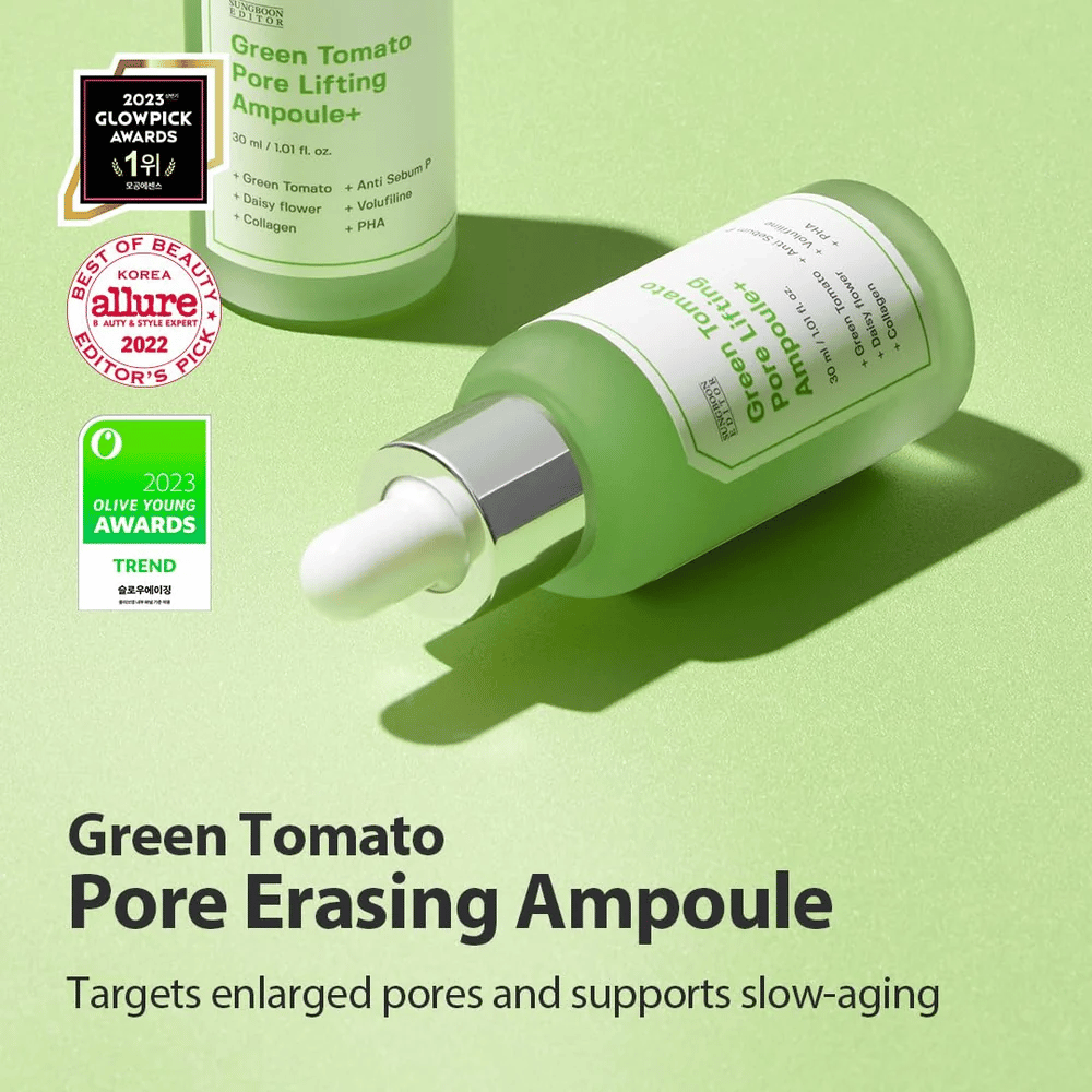 Green Tomato Pore Lifting Ampoule+ Produktbild mit Auszeichnungen von Glowpick, Allure und Olive Young Awards 2023.