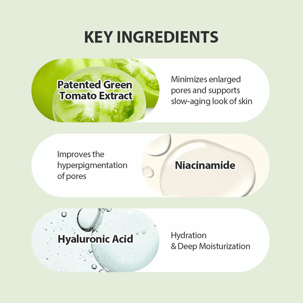 Illustration der Hauptinhaltsstoffe in Green Tomato Pore Lifting Ampoule+ mit patentierter grüner Tomate, Niacinamid und Hyaluronsäure.
