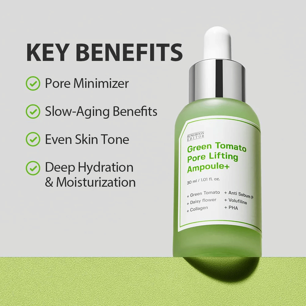 Green Tomato Pore Lifting Ampoule+ mit Pipettenflasche auf grünem Hintergrund, aufgelistete Hauptvorteile wie Porenverkleinerung, Anti-Aging, gleichmäßiger Hautton und Feuchtigkeit.