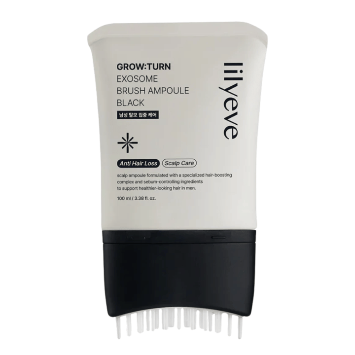 Freigestelltes Produktbild von LILYEVE Grow:Turn Exosome Brush Ampoule Prime vor weißem Hintergrund. Der integrierte Bürstenapplikator erleichtert das Auftragen des Serums direkt auf die Kopfhaut für die tägliche Haar- und Kopfhautpflege.
