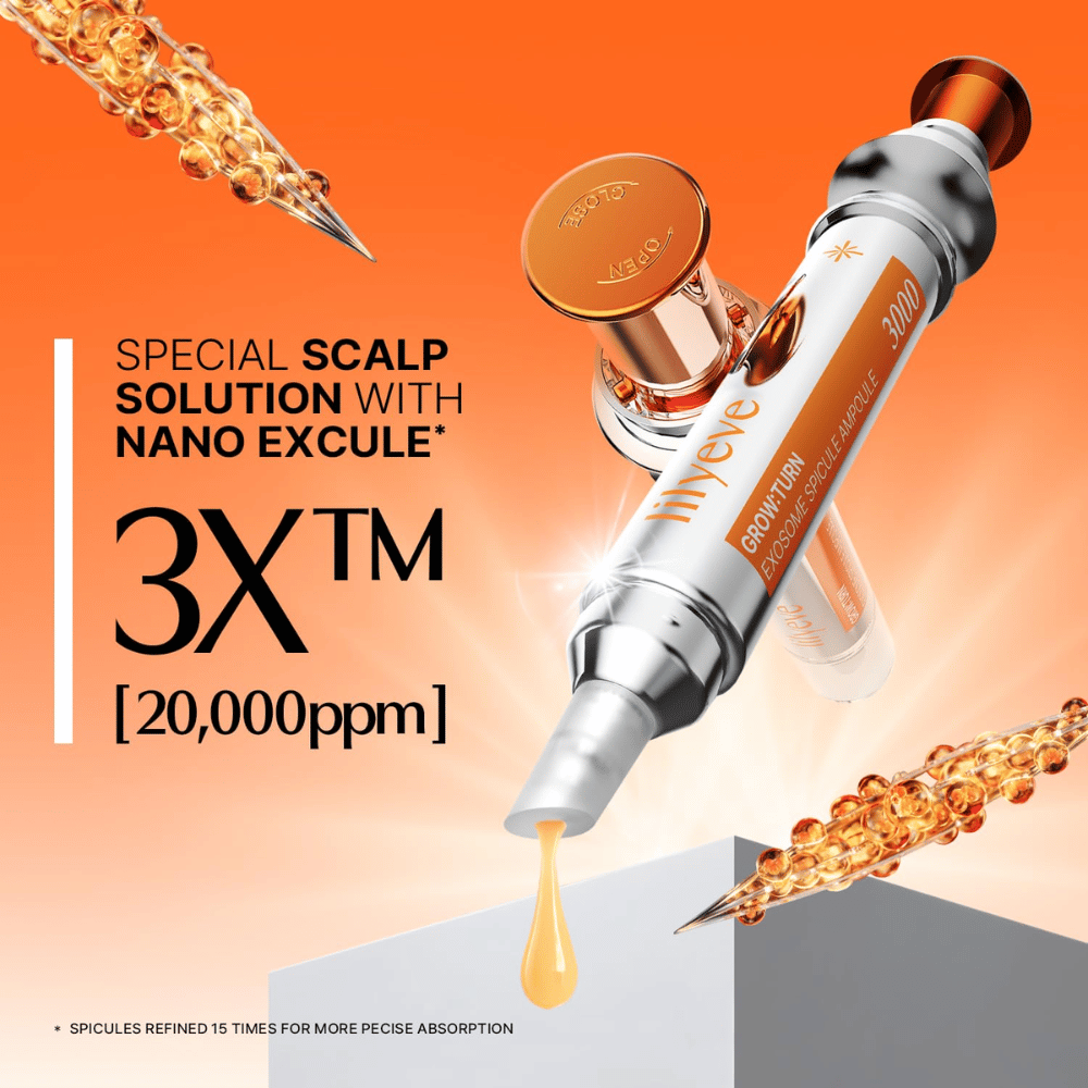 LILYEVE Grow Turn Exosome Spicule Ampoule 3000 – konzentrierte Kopfhautampulle mit Nano Excule und Spikulen für gezielte Anwendung.