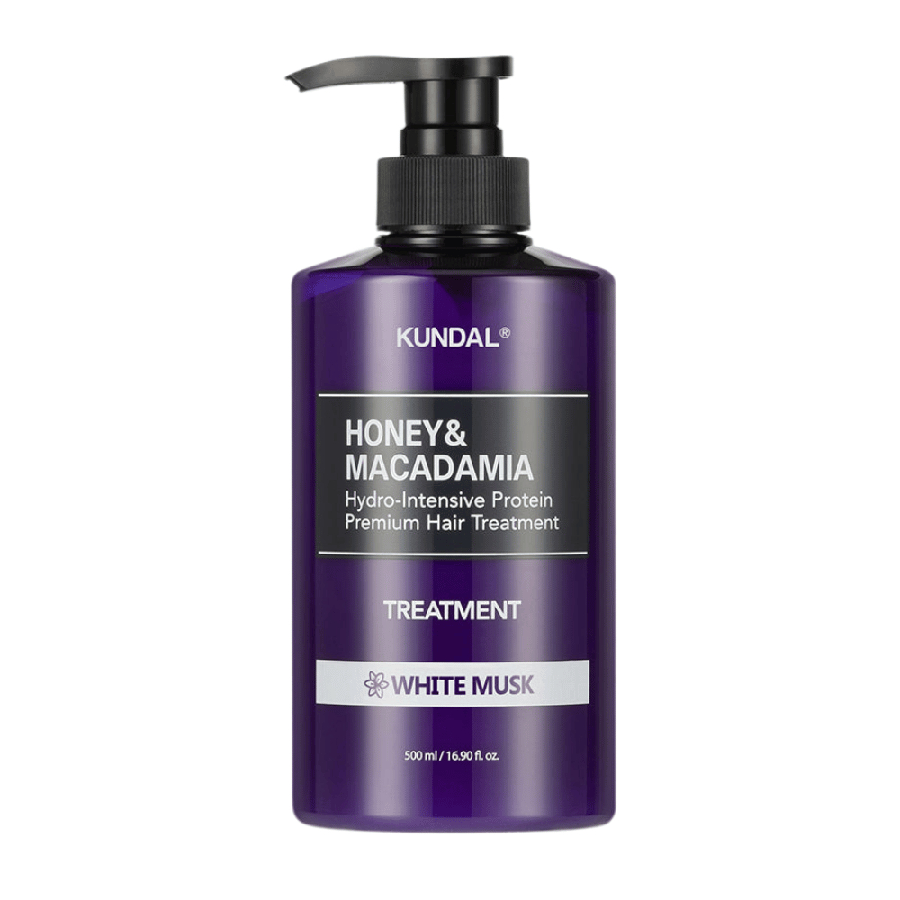 KUNDAL Honey & Macadamia Hydro-Intensive Protein Premium Hair Treatment White Musk in lila Pumpflasche, 500 ml.