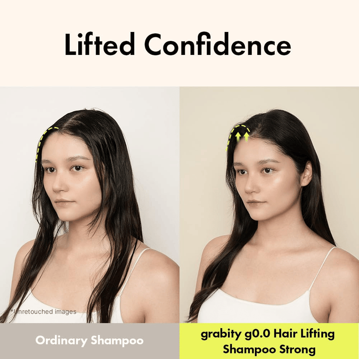 Vorher-Nachher-Bild, das mehr Volumen und Ansatzlift nach der Anwendung von Grabity g0.0 Hair Lifting Shampoo Strong für dünnes und plattes Haar zeigt.