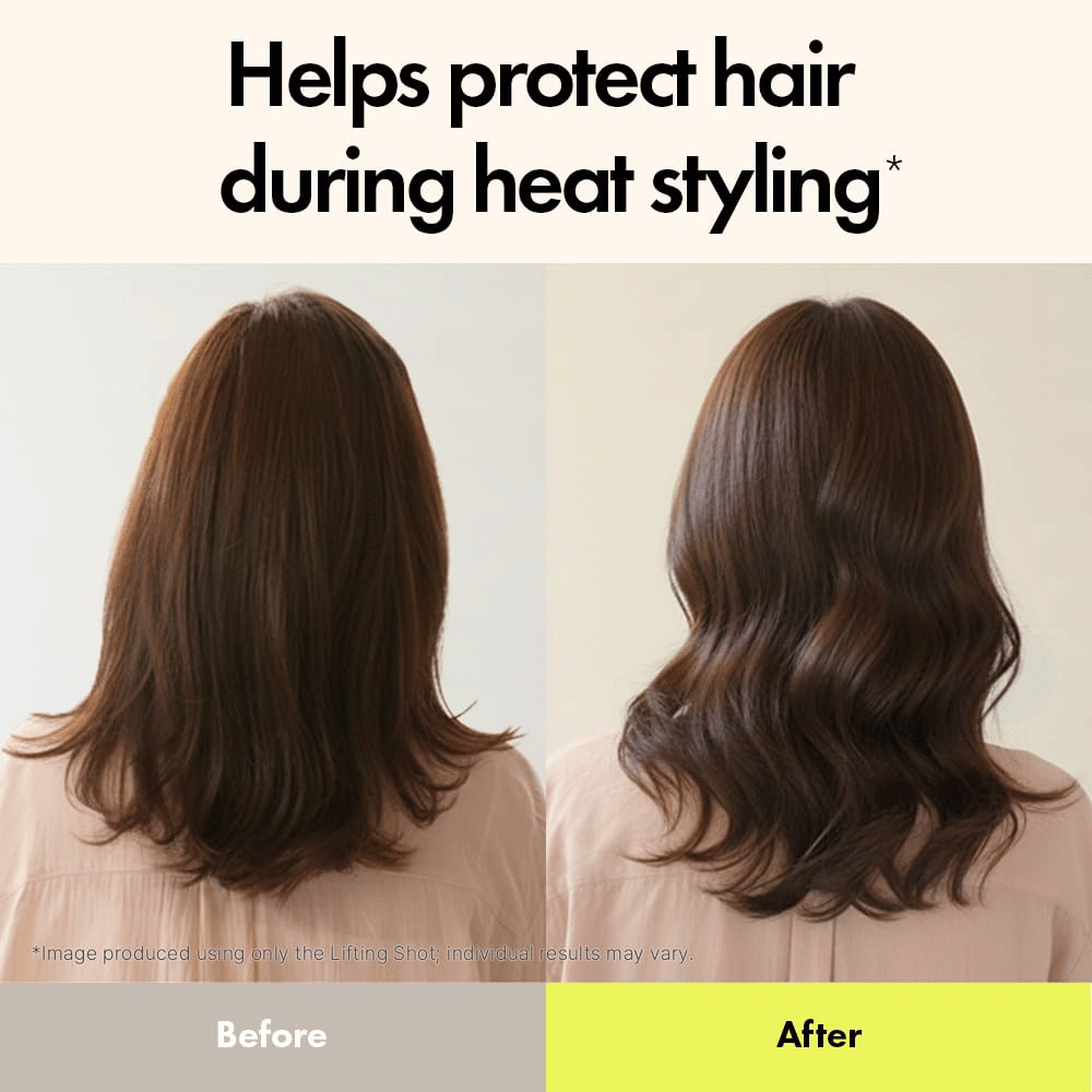 Vorher-Nachher-Bild, das die Wirkung von Grabity Hair Lifting Shot zeigt. Das Haar sieht voller, definierter und beim Hitzestyling nach der Anwendung besser geschützt aus.