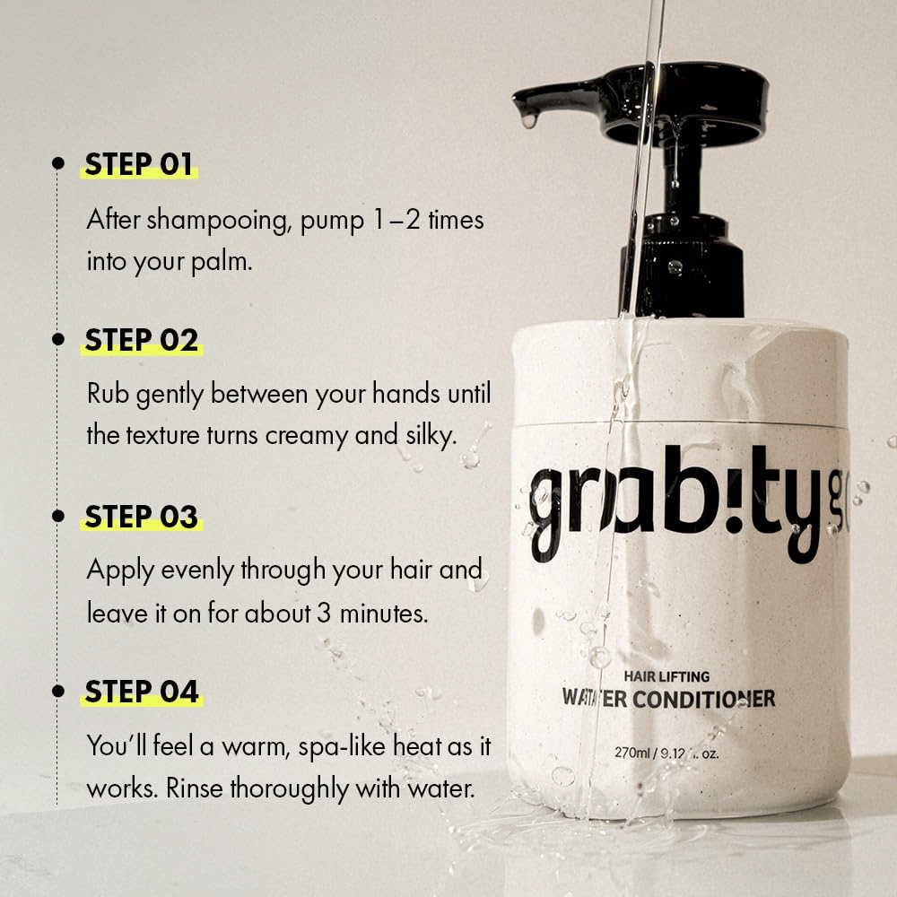 Instruktionsbild für Grabity Hair Lifting Water Conditioner, das zeigt, wie das Produkt nach der Haarwäsche angewendet wird, um Pflege, Glanz und einen volleren Haareindruck zu verleihen.