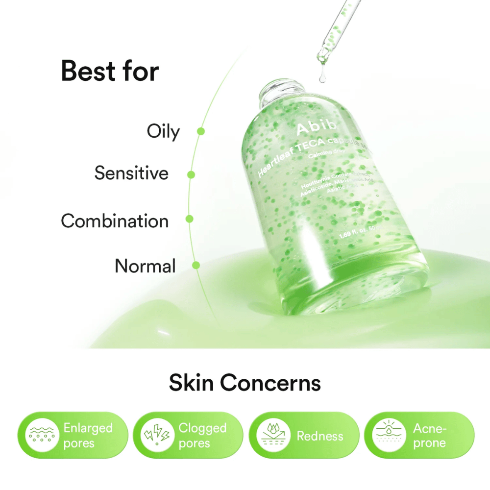Informationsbild, das zeigt, dass Abib Heartleaf TECA Capsule Serum für fettige, empfindliche, Misch- und normale Haut geeignet ist und auf Poren, Rötungen und zu Akne neigende Haut abzielt.