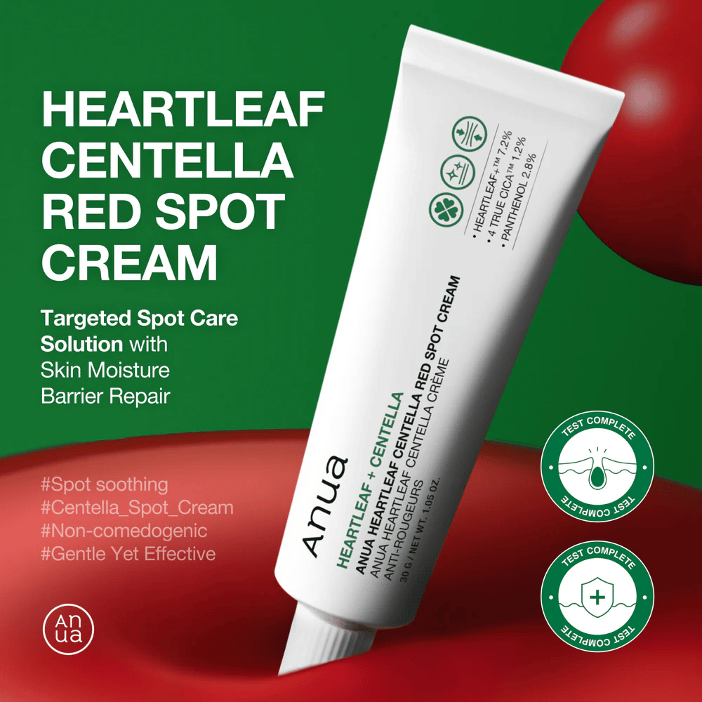 Anua Heartleaf Centella Red Spot Cream in einer weißen Tube vor einem grünen Hintergrund präsentiert, mit Fokus auf punktuelle Behandlung, Feuchtigkeitsbarriere-Reparatur und getesteter sanfter Formel.