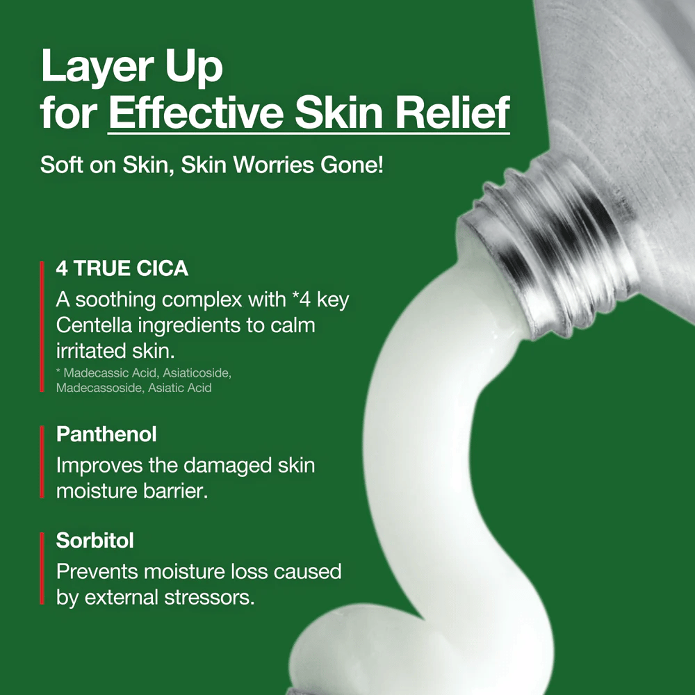 Anua Heartleaf Centella Red Spot Cream mit weißer Creme, die aus der Tube gepresst wird, markierte Inhaltsstoffe wie 4 True Cica, Panthenol und Sorbitol für beruhigende und feuchtigkeitsspendende Wirkung.