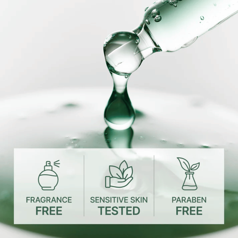 Tropfendes Serum aus Pipette mit Symbolen, die parfümfrei, getestet für empfindliche Haut und parabenfreie Formel anzeigen.