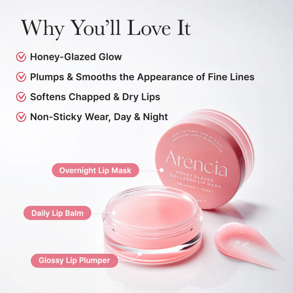 Produktbild mit geöffnetem Tiegel und Applikator, das Vorteile wie honey-glazed glow, weichere Lippen und eine angenehme Anwendung sowohl tagsüber als auch nachts hervorhebt.