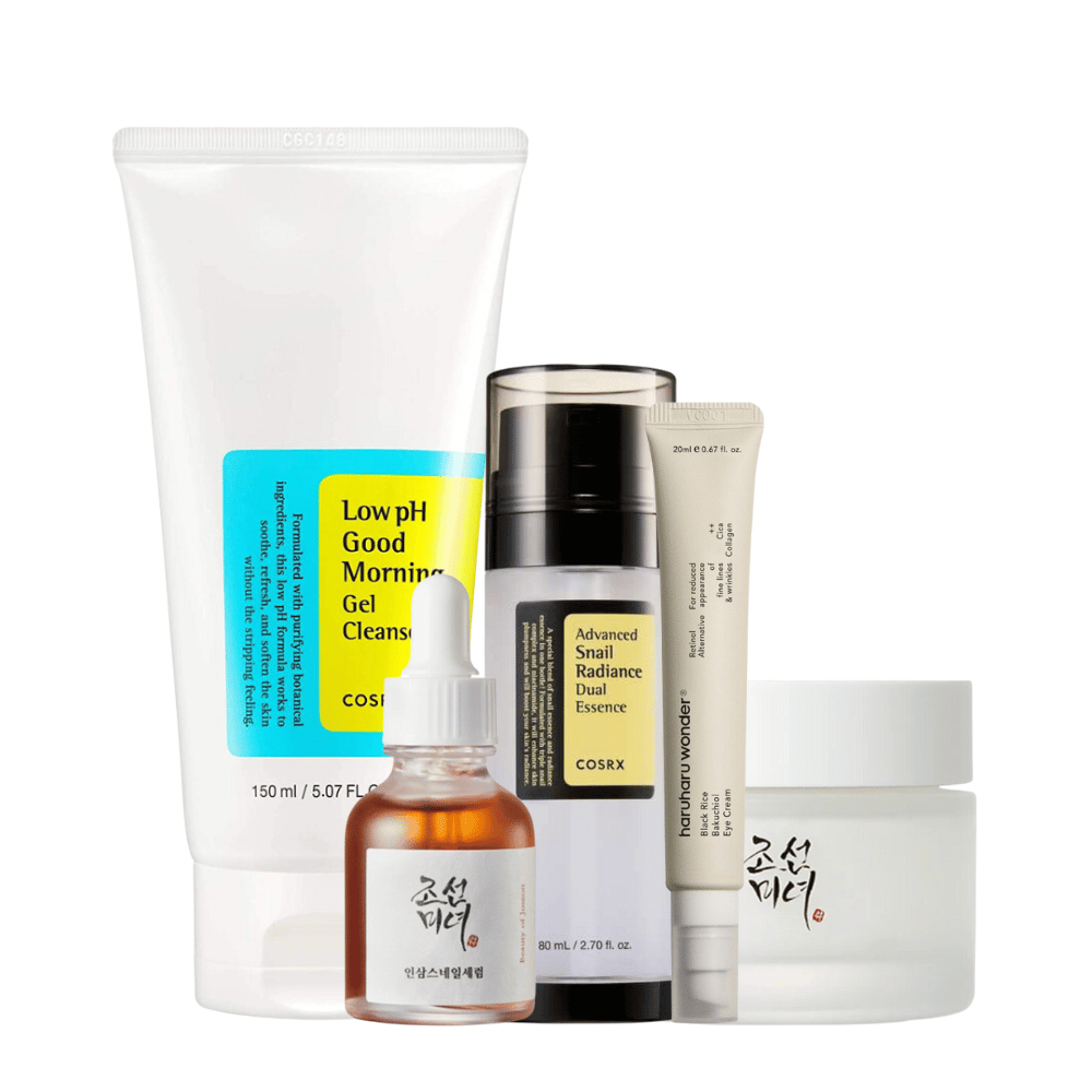 Eine Auswahl von K-Beauty Mature Skin Time Revers Kit für Alterszeichen auf weißem Hintergrund.