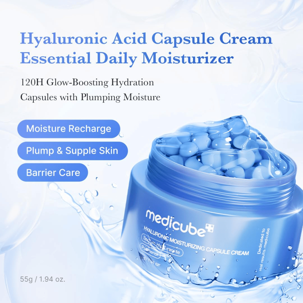 4. Medicube Hyaluronic Moisturizing Capsule Cream – blaue Feuchtigkeitskapseln im Gel, die die Haut mit Feuchtigkeit versorgen, beruhigen und die Hautbarriere stärken