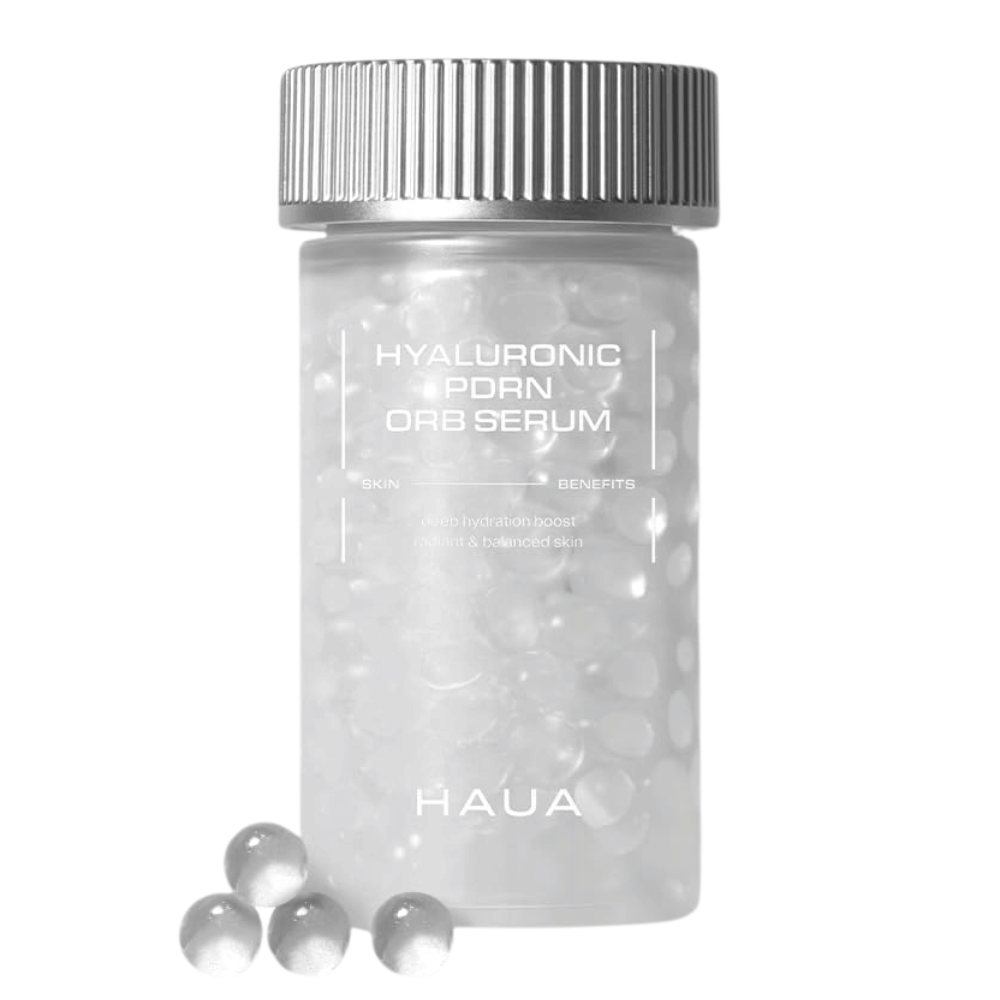 Produktbild von HAUA Hyaluronic PDRN Orb Serum auf weißem Hintergrund. Der transparente Behälter ist mit Serumkugeln gefüllt und hebt die einzigartige verkapselte Formulierung des Produkts hervor.