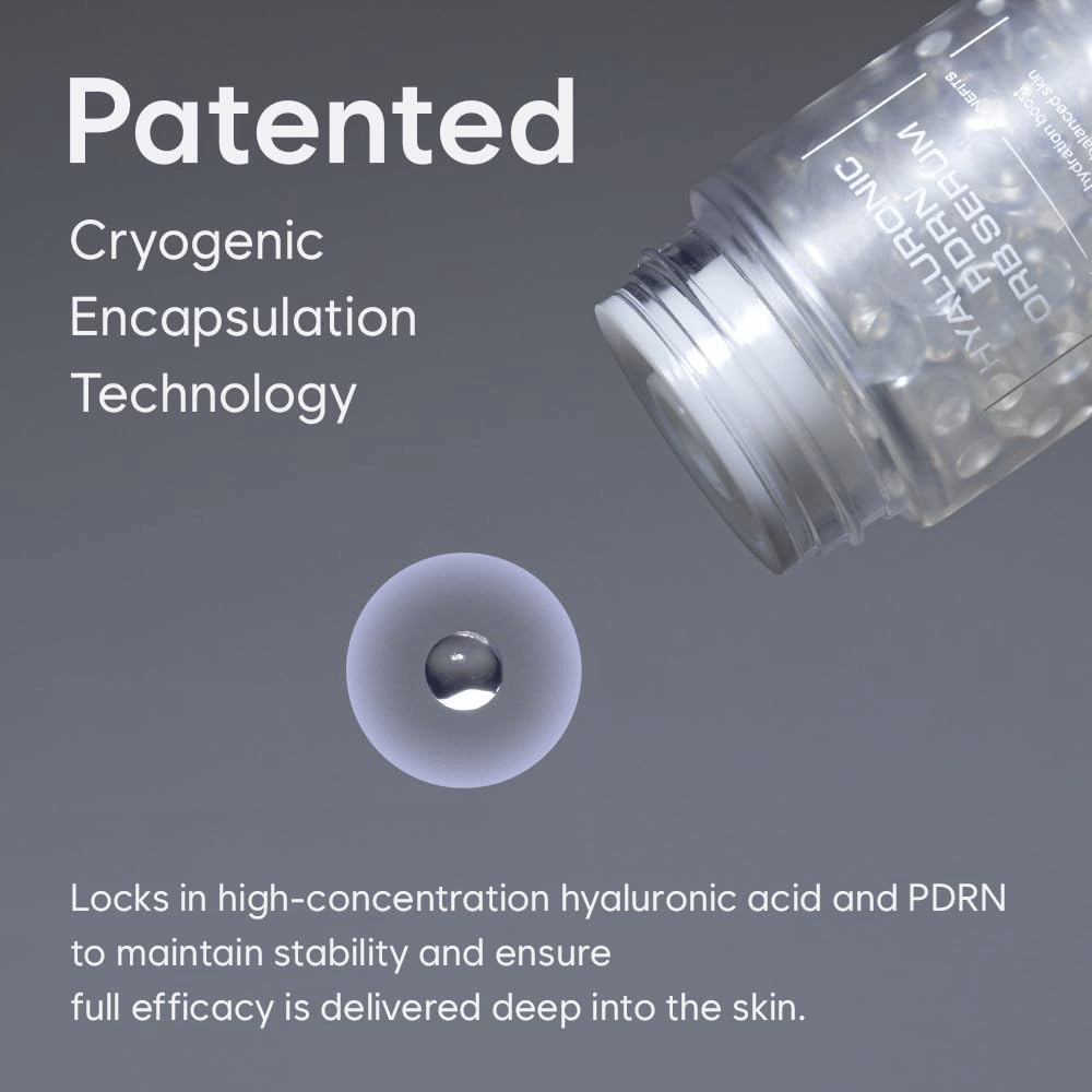 Illustration von HAUA Hyaluronic PDRN Orb Serum und seiner patentierten kryogenen Verkapselungstechnologie. Eine Serumkugel wird neben der Verpackung gezeigt, um die Technologie hinter der Inhaltsstoffverkapselung hervorzuheben.