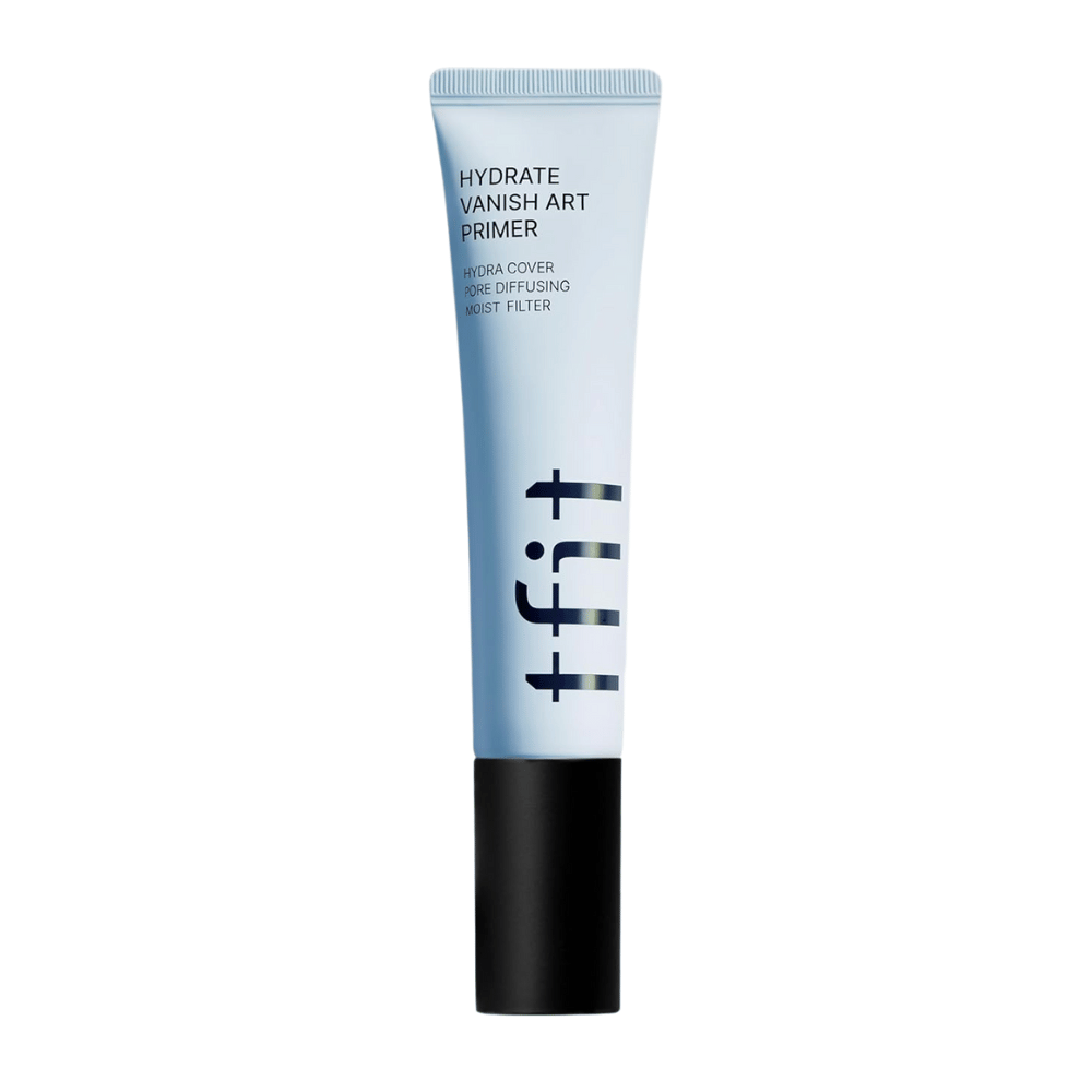 Blaue Tube mit schwarzem Deckel von TFIT, markiert "Hydrate Vanish Art Primer" – eine feuchtigkeitsspendende primer mit porenverfeinerndem Effekt und Feuchtigkeitsfiltertechnologie.