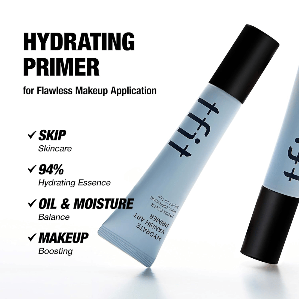 TFIT Hydrate Vanish Art Primer wird mit informativem Text über die Vorteile des Produkts gezeigt, einschließlich 94 % feuchtigkeitsspendender Essenz und Ölbalance – entwickelt für eine gleichmäßigere Make-up-Basis.