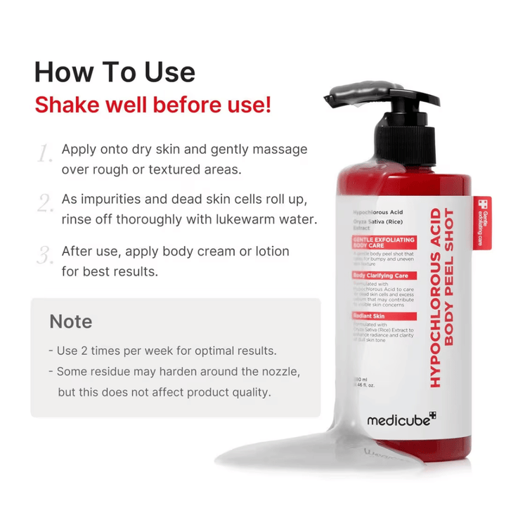 Anleitungsbild für Medicube Hypochlorous Acid Body Peel Shot, das Schritt für Schritt zeigt, wie das Körperpeeling für Exfoliation und weichere Haut verwendet wird.